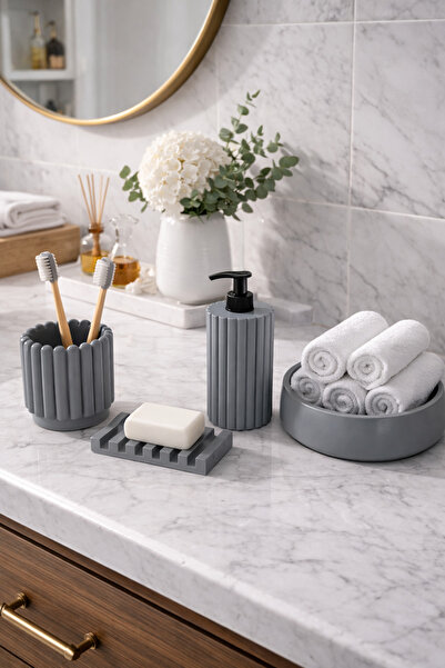 Zigzag Home Set de baie decorativ din 4 piese, model cu dungi, dozator de săp...