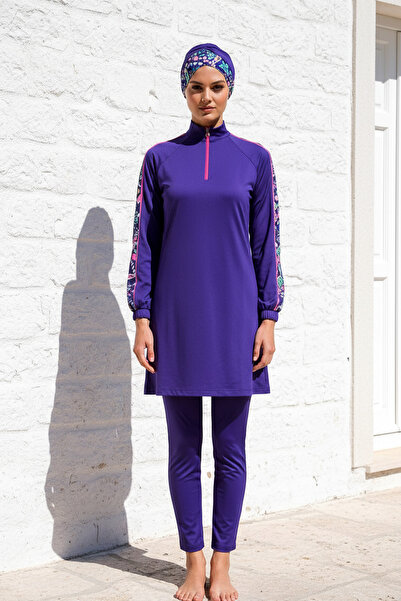 Marina Fully Covered Hijab Swimsuit with Saks Sleeves and Patterned 3-Piece L...