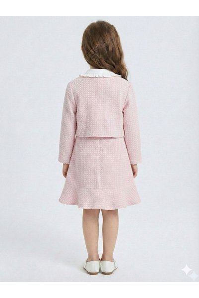 XO Kids Baby Collared Powder Bowknot Tweed Girls' 3-Piece Jacketed Dress Set 2-7 Years 4421