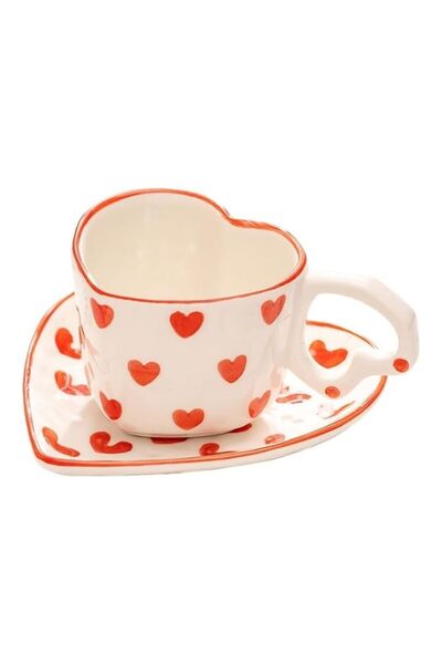 Premium طقم شاي من السيراميك على شكل قلب مع صحن، نمط قلب أحمر