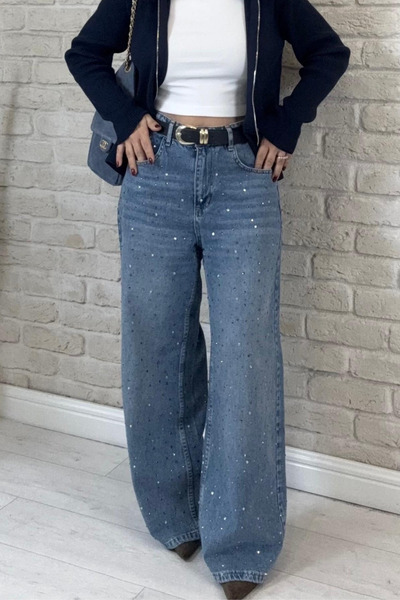 Muna Boutique Front and Back Stone Embroidered Blue Wide Leg High-Waisted Jeans