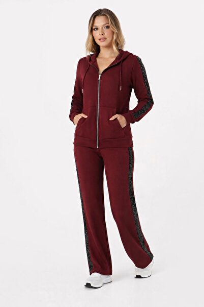 lubiti Sequined Modal Track Suit Set/Model with Hooded Zipper and Sequin Stripes