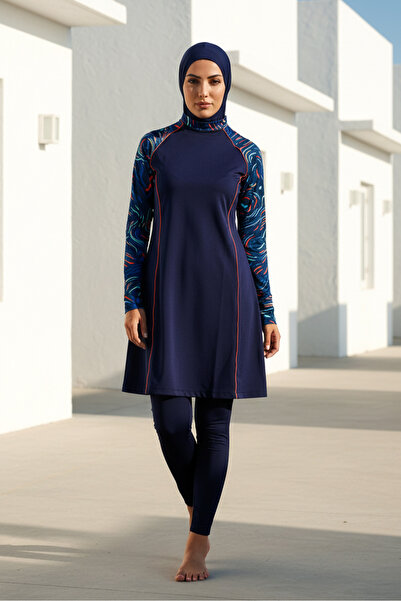 Marina Navy Blue Patterned Full Covered Hijab Swimsuit 3 Piece Lycra Swimsuit...