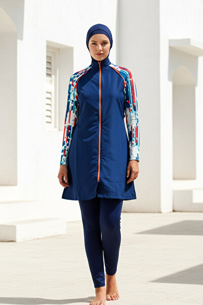 Marina Navy Blue Pattern Detailed Full Covered Hijab Swimsuit 3 Piece Parachu...