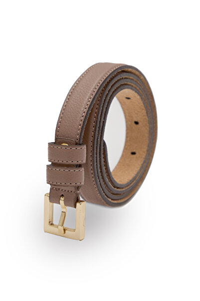 Velvoria Women's Mink Color, Thin Leather Belt with Shiny Gold Buckle