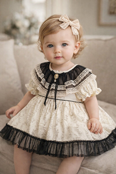 Ministil-bebeğinizin ilk stili Baby Girl Lace Detailed Vintage Brooch Dress B...