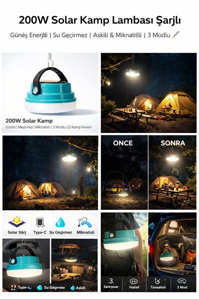 TREND 200W Solar Kamp Lamba Şarjlı Güneş Enerjili Su Geçirmez Askılı & Mıknat...