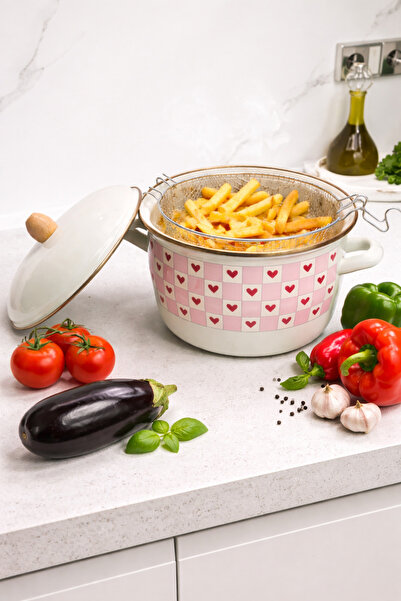 HOME SET 22 cm Emaye Kızartma Tenceresi | Ahşap Saplı | Retro Kalpli Tasarım