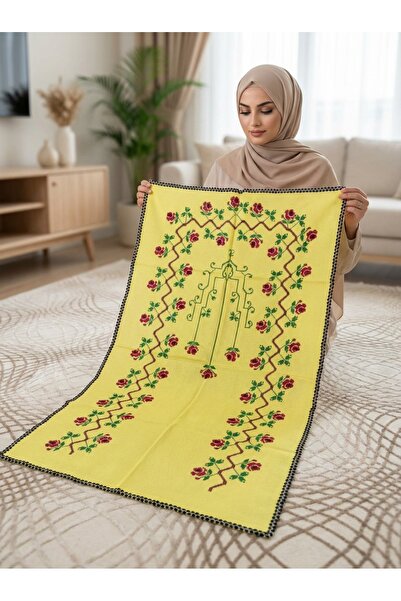 GNN Sarı Zeminli Kırmızı Güllü El Nakışı Seccade - Çeyizlik Özel Tasarım Nama...