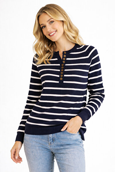 FİFTY ONE Women's Buttoned Collar Turtleneck Striped Knitwear Sweater