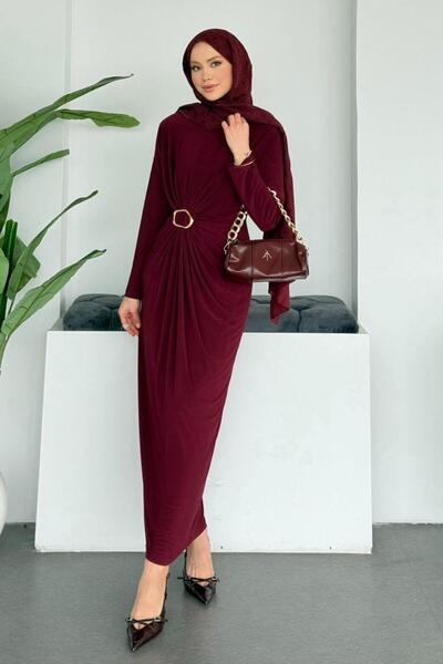 Şulemoda Giyim Riva Buckle Sandy Dress Burgundy
