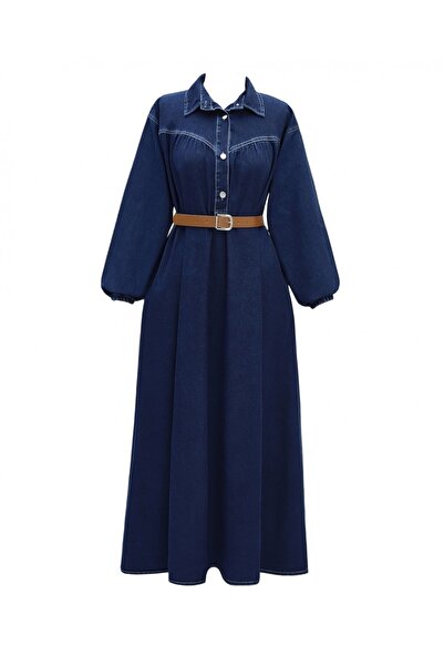 Modamorfo Half-Buttoned, Elasticated Sleeve, Belted Denim Dress - Navy