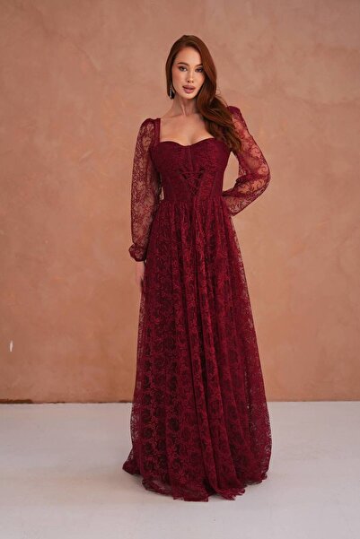 zoezoe Daliya-Ekstra Dar Klalıp Dantelli Balon Kol Korseli Önü Yırtmaçlı Abiye