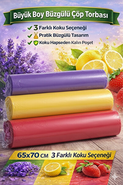 GNRPACK BÜZGÜLÜ ÇÖP POŞETİ TORBASI 65x70 3 rulo 30 adet Lavanta - Çilek - Lim...