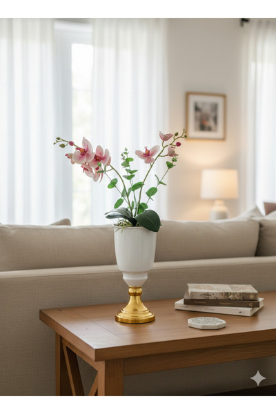 mysecrethome 2 Dallı Yapay Orkide Gold Beyaz Vazolu Dekoratif Çiçek 50 cm Bey...
