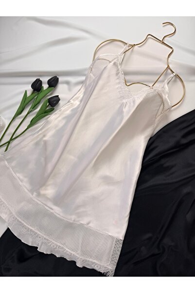 ROZENİN LINGERIE Degaje Collar Satin Strap Nightgown Dress