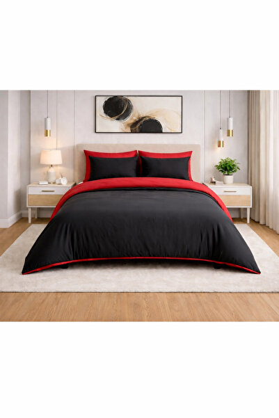 Zarif Home Duvet Cover Set King Size - Reversible (4 Pieces) - Red - Black