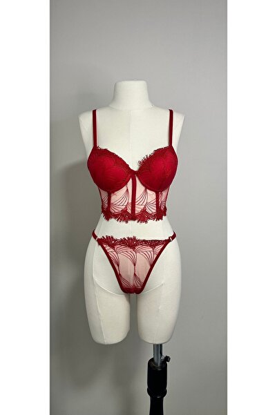 TAMER COLLECTİON Balenli ve Dolgulu Dantel Detaylı Büstiyer Alt Üst Takım