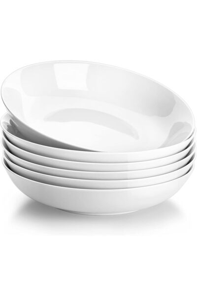 Malacasa Set of 6 flat porcelain bowls, white, 1250ml, wide for pasta, ramen,...