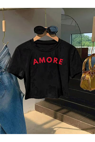 Nilvor Women's Amore Printed Crew Neck Baby Tee Combed Cotton Crop Tshirt