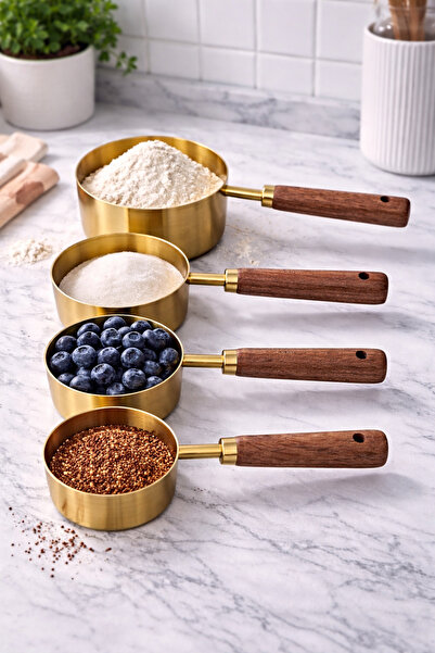 wisemhome 4 ADET GOLD BÜYÜK BOY PASLANMAZ ÇELİK AHŞAP SAPLI ÖLÇÜ KAŞIĞI SETİ ...