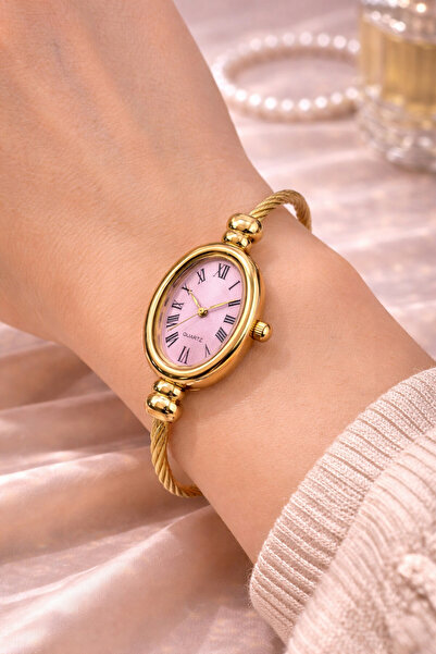 matheon Oval Case Gold Women's Bracelet Watch – Pink Dial, Roman Numeral Quartz
