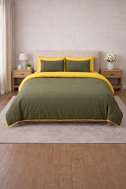 Zarif Home Duvet Cover Set King Size - Reversible (4 Pieces) - Khaki - Yellow