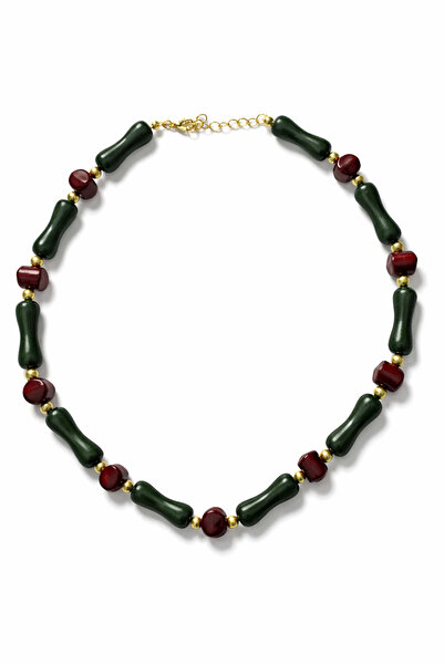 1881 STORE Handmade Natural Stone Bone-Looking Green Burgundy Design Necklace...