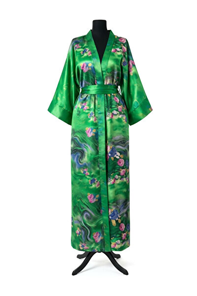 maia Yeşil Çiçek Desenli Uzun Saten Kadın Kimono