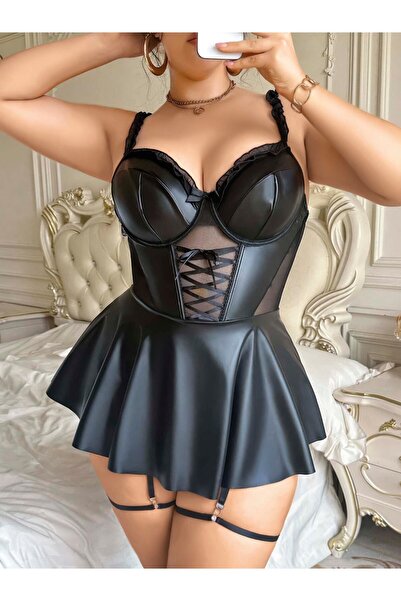 777 MIRACOLO Kadın Lame Deri Cupsuz Büyük Beden Jartiyer Takım Gecelik