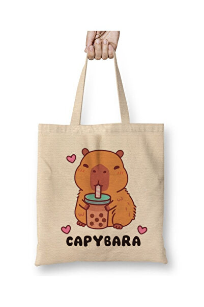 Toyaso Kapibara & Capybara White Cloth Bag Long Handle Shopping Bag Beach Bag
