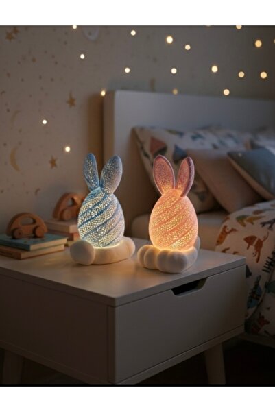 EAE DESİGN STUDİO Dekoratif Tavşan Kulaklı Gece Lambası - Led Mum Hediyeli Ay...