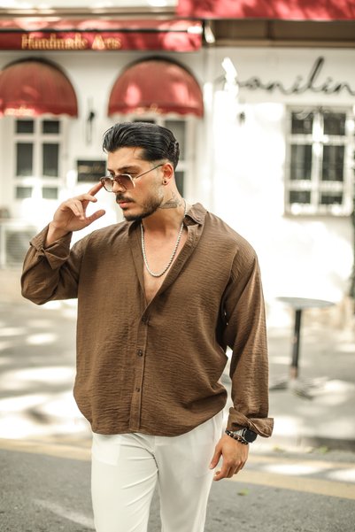 OUTFİT MAN Collared Buttoned Basic Regular Fit Shirt Brown