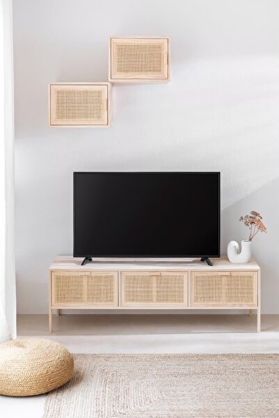 Creawood Signa 3 Çekmeceli Masif Ahşap TV Ünitesi | Doğal Rattan Detay