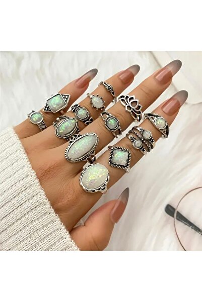 MURASSA BUTİK Bohem Oval Ay Taşı Yüzük Seti