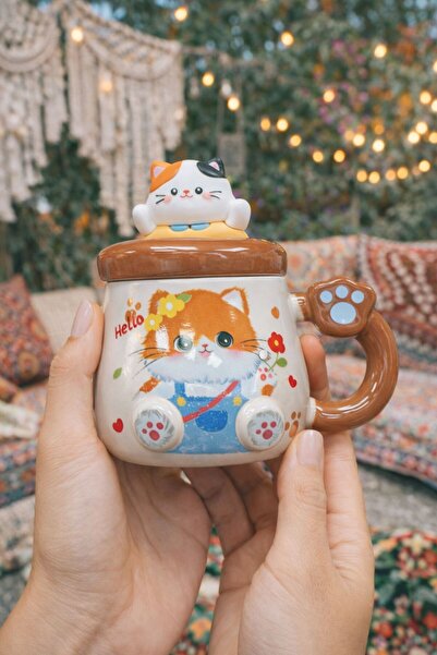 HEPBİMODA Sevimli Kedi Kupa Bardak Isıya Dayanıklı Kedili Seramik Hediyelik K...