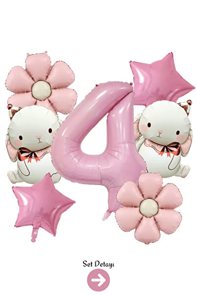 Bunloon 4 Yaş Pembe Rakam Tavşan Yıldız Çiçek Folyo Balon Set