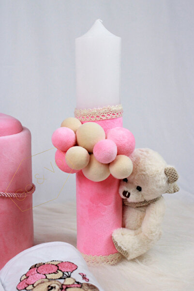 GoVo Kids Baptism Candle with Velvet, Teddy Bear, 35x7 cm, Godfather Gift