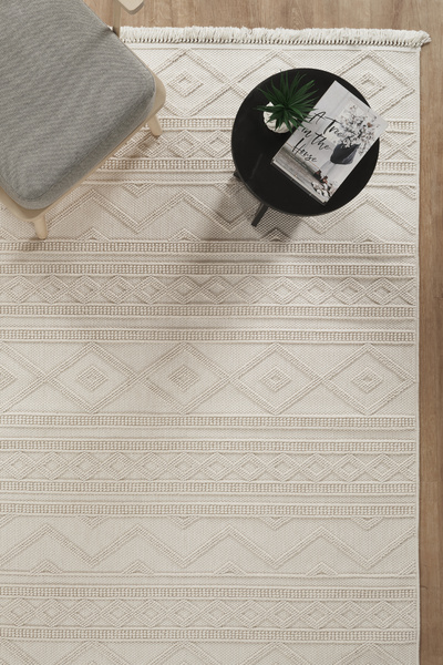 Modda Art Home Bukle Dokulu İskandinav Motifli – İskandinav Dekoratif Halı Krem