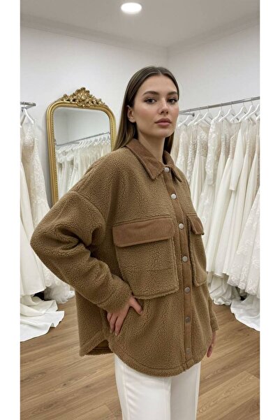 Akasha Design Taş Rengi Çift Cepli Peluş Kadife Garnili Ceket