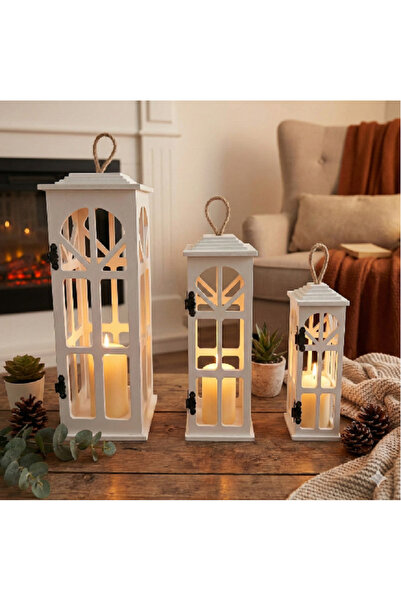 Liya Bella 3’lü Lüx Dekoratif Ahşap Fener Seti Mumluk Şamdan Ev & Balkon Deko...