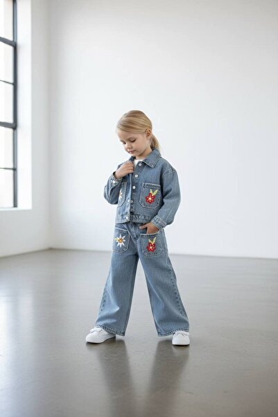 RONYPONY Girl's Embroidered Denim Jacket and Pants Set