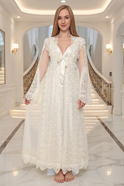 bigmama Luxurious Bridal Robe - Stylish Satin Nightgown and Lace Robe Set