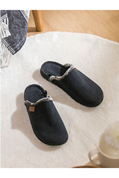 LC Waikiki Black suede look men's house slippers with fur inside