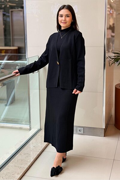 Ghisa V Yaka Tek Düğme Hırka Etek Triko Takım