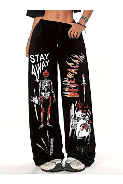 darkopia Unisex Φούτερ παντελόνι με στάμπα Stay Away Never Again, φαρδιά γραμ...