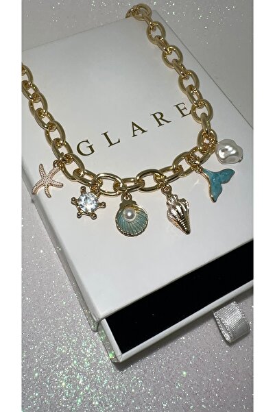 GLARE JEWELRY CO Deniz Yıldızı Denizkızı Model Zincir Gold Çelik İncili Charm...