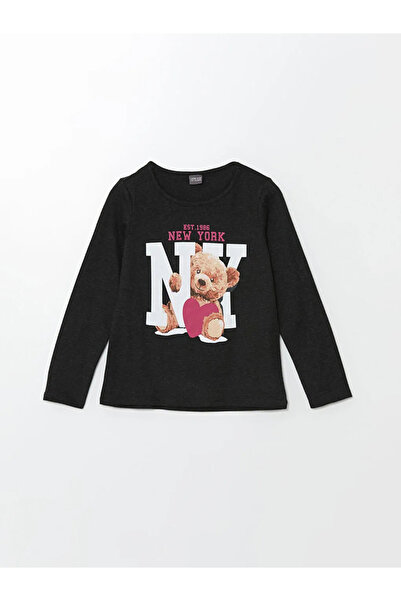 LC Waikiki Lcw Eco Anthracite Crew Neck Bear Teddy Printed Girls' T-Shirt