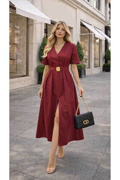 ANBLYs COLLECTION A-Cut Waist Draped Buckle Belt Slit Midi Length V-Neck Shor...