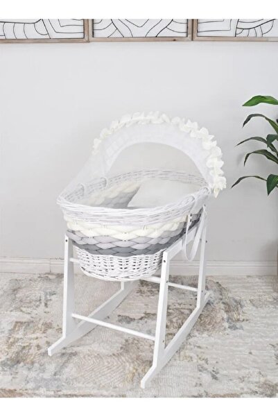 Fun Moment سلة موسى من الخيزران مع قاعدة هزازة باللون الأبيض